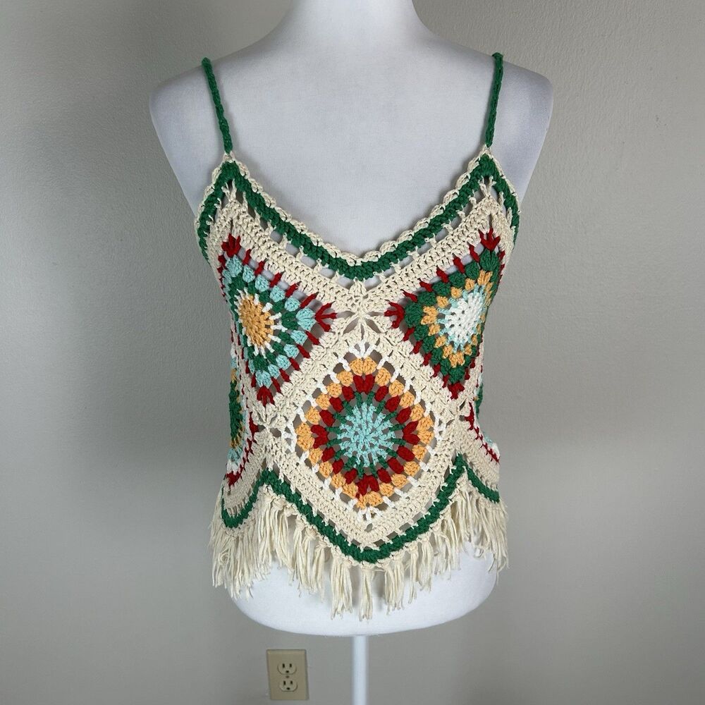 Granny Square Crochet Fringe Tank Top Vest Size S Boho Festival Cream Blouse